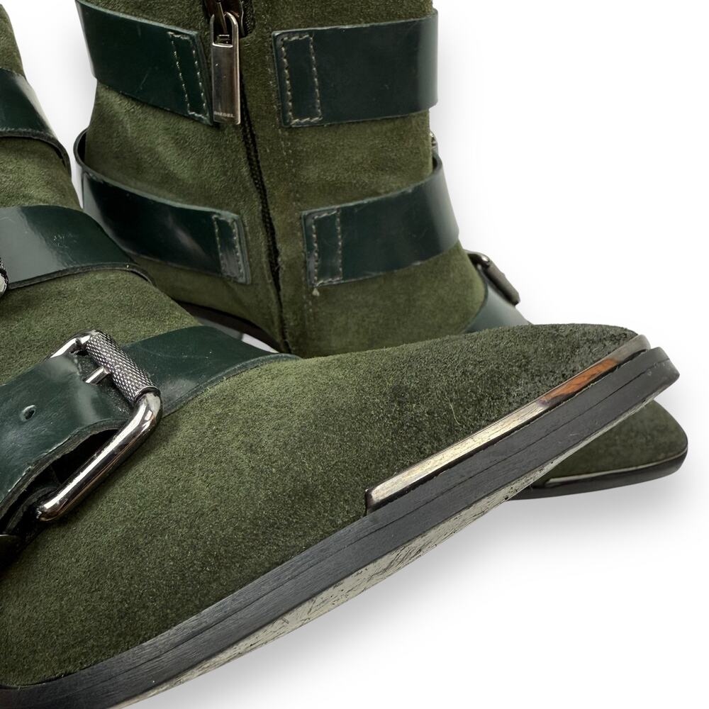 DIESEL green suede strapped buckle heeled pointed toe boots - Picture 6 of 16